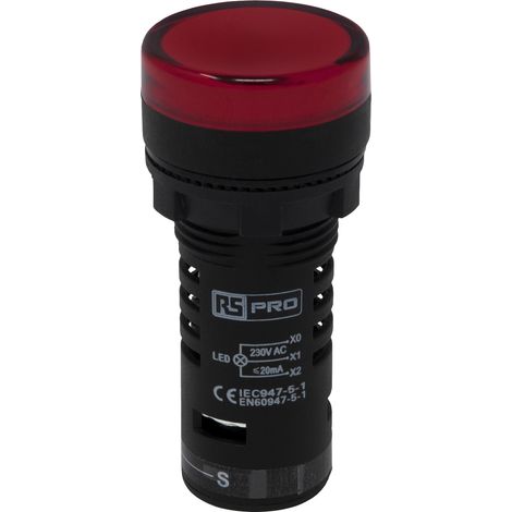 Voyant lumineux complet avec circuit de test LED RS PRO Rouge 230V c.a., Ø découpe 22mm, Montage panneau, IP65 ( Prix pour 1 ) (1/4)