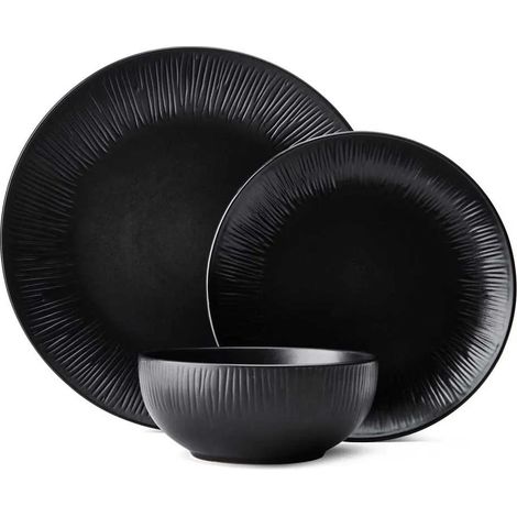 Mikasa Jardin Midnight - Vajilla de cerámica de 12 piezas para 4 personas con platos llanos, platos laterales y cuencos, color negro, en caja de regalo y apto para lavavajillas (1/3)