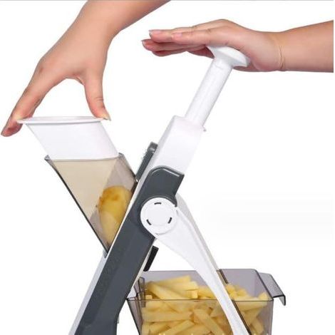 Tagliaverdure manuale multifunzione – lama in acciaio inox – affetta, grattugia, taglia a cubetti e friggitrice per carote – grigio (1/5)