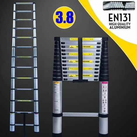 12.5ft (3.8m) Telescoping Ladder Climb Home Builders Attic Loft Work Place Extendable Collapsible Lightweight, 150kg (330lb) 13 Steps (1/5)