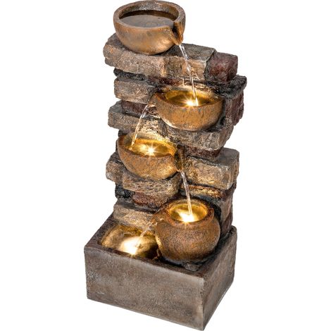 Fontaine Extérieure avec 5 Niveaux de Pichets Rustiques et Design Roche, Cascade avec Lumières LED, Marron Rustique