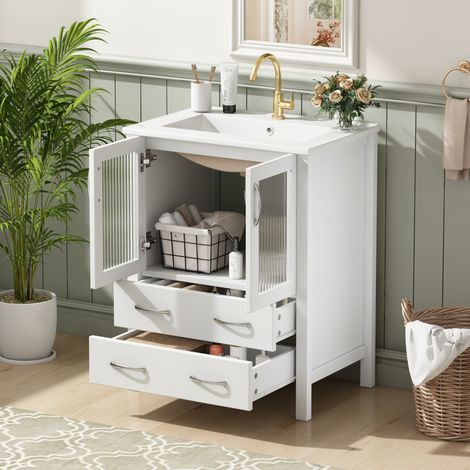 Meuble sous vasque 61 cm sur pied avec vasque en céramique, 2 tiroirs, porte en verre rainuré, blanc brillant MDF (1/5)