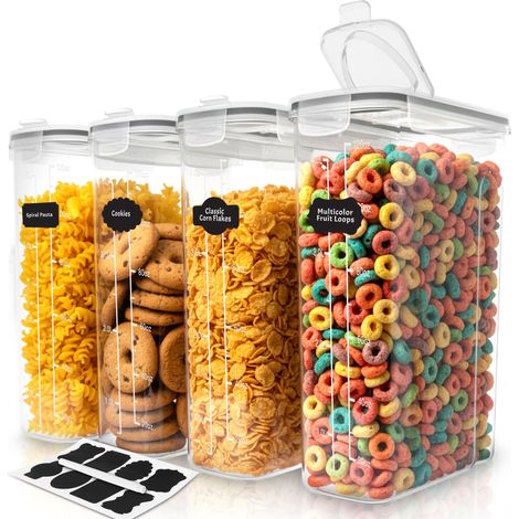 Boite de Rangement Cuisine (Lot de 4) - Plastique sans BPA - Bocaux Hermetiques Alimentaires en Scellée avec Couvercle - Conservation Farine, Sucre, Pates, Céréales, Riz, (1/5)
