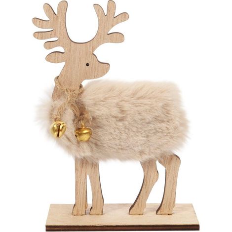 Figura de reno navideño con cascabel, acabado en piel sintética y purpurina, 14 cm. (1/2)
