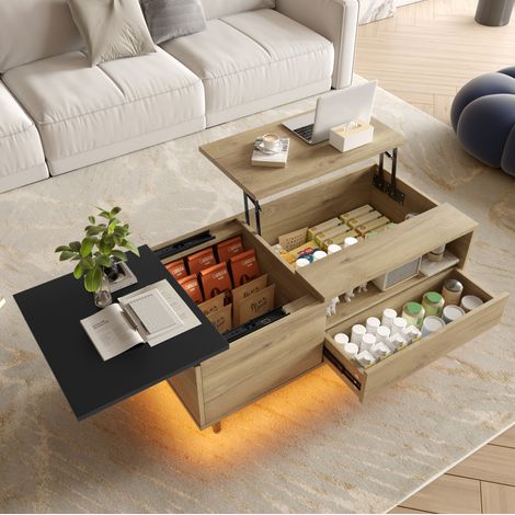 Table basse relevable avec LED, tiroir et niches, 103,5x50x27,5 cm, naturel et noir (1/5)