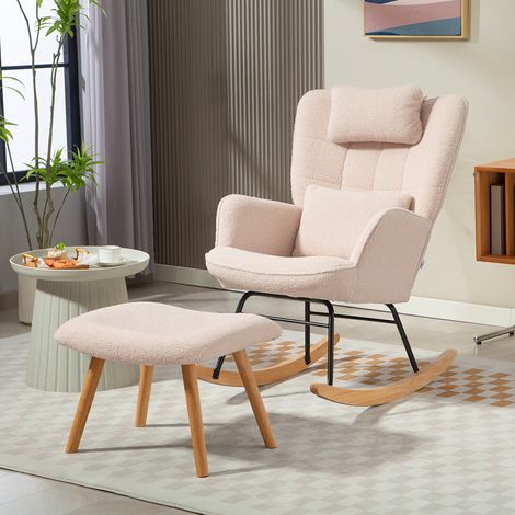 Sedia a dondolo con poggiapiedi, rivestimento in morbido pile, gambe in legno, cuscino, schienale alto, poltrona a dondolo, beige (1/5)