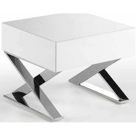 Table de nuit laquée tiroir blanc pieds acier inoxydable - Blanc, acier inoxydable (1/5)
