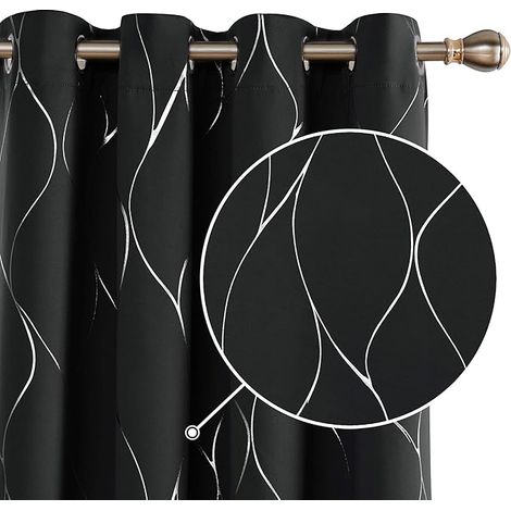 Deconovo Lot de 2 Rideau Fille Occultants Rideau Désign Moderne pour Petite Fenetre Isolant Thermique Anti Froid Oeillets Motif Argenté Rideaux,Halloween Noir 140x240cm (1/5)