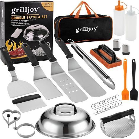 28PCS Ustensiles Plancha INOX, Kit Smash Burger avec Press, Set Spatule, Cloche Cuisson, Cadeau Homme Papa, Accessoires pour Barbecue à Gaz Plancha, Teppanyaki, Camping --Chrom (1/4)