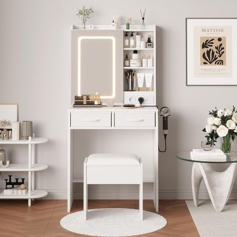 Coiffeuse Moderne avec Miroir LED, 3 Modes d’Éclairage, Station de Charge et Tabouret, Blanc (1/5)