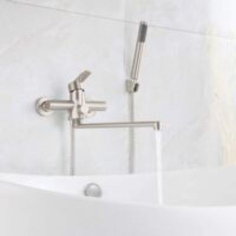 Robinet de baignoire mitigeur mural avec douchette ronde – HomeLava – acier inoxydable brossé, monocommande (1/5)