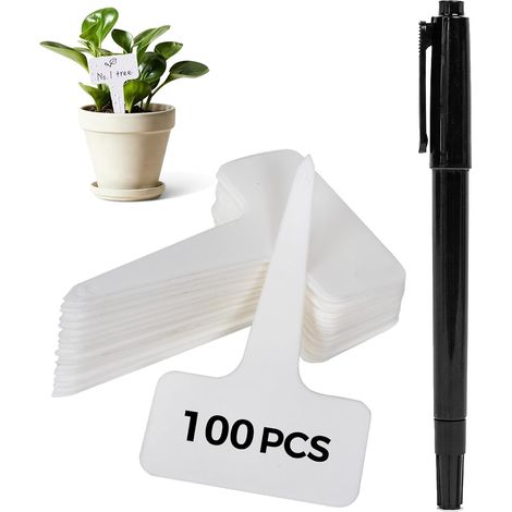 100 Pcs Plant Labels with Marker Pen Reusable Plastic T Shape Plant Labels for Herbs Flowers Vegetables Durable Waterproof (1/5)