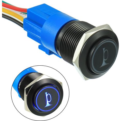 19MM 12V Klaxon de Voiture Bouton Momentané Vert LED Allumé Momentané Métal Haut-Parleur Air Klaxon Interrupteur à Bascule avec Prise Prise Fil (Bleu) (1/5)