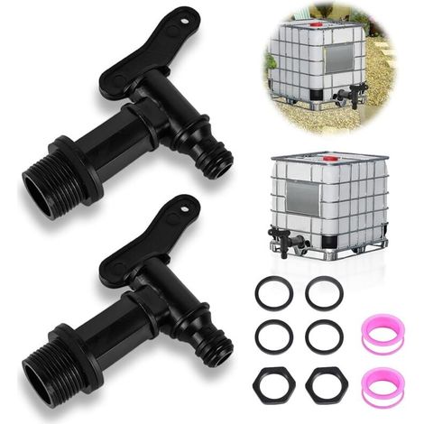 Kunststoffhahn für Regenwassertanks (2 Stück) mit PTFE-Dichtung, IBC-Ablassventil, 3/4"-Außengewinde, Regenwassersammelhahn, IBC-Tankventil (1/4)