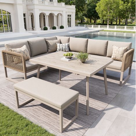 Salon de jardin modulaire 121,5x61x77 cm beige en PE rotin, métal et tissu imperméable avec coussins épais (1/5)