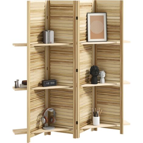 Paravent intérieur en bois 4 panneaux 160 x 170 cm, séparateur de pièce pliable avec 3 étagères, bois naturel
