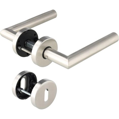 Poignée de porte : paire de poignées de porte en acier inoxydable avec rosace à clé - ronde - mat - poignée pour portes intérieures - modèle T - dimensions carrées 8 x 8 mm - 49.330.02 (1/5)