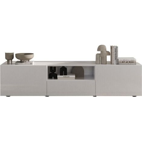 Meuble TV - RICCIONE - Blanc laqué brillant - 2 portes - 1 tiroir - 184 x 42 x 42,5 cm