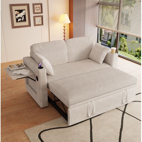 MODFU – Fauteuil-lit convertible 3-en-1 velours côtelé blanc – Dossier 5 positions – USB/Type-C – Blanc (1/5)