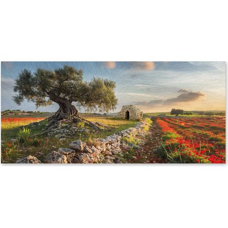 Lupia - Quadro moderno su Tela Canvas DEEP 65X143 cm, con paesaggi e localismi italiani, per casa, soggiorno, capezzale camera da letto, hotel, ufficio, PUGLIA - CAMPAGNA SALENTINA (1/4)