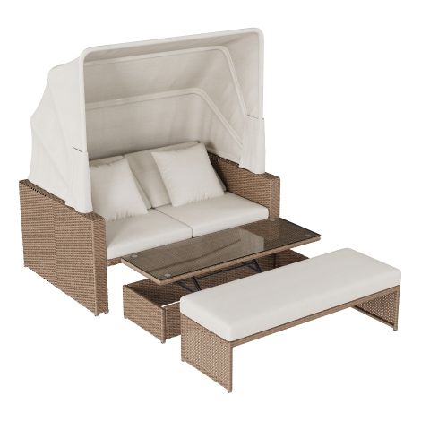 Polyrattan Gartenmöbel Set 136x94x142 cm, Gartensofa mit Markise, Lounge Set Polyrattan für 2-4 Personen, mit verstellbarem Couchtisch, Khaki