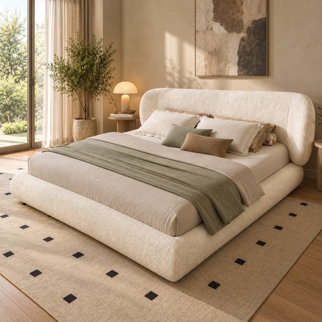 Lit rembourré 140 x 200 cm, lit double avec sommier à lattes, tête de lit, coins arrondis, mousse haute élasticité, cadre en bois, chenille, beige (1/5)