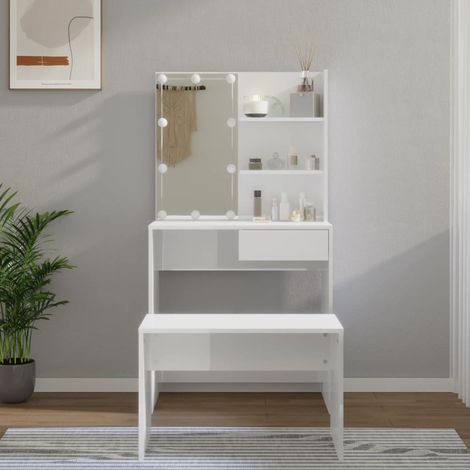 Ensemble de coiffeuse, Table de maquillage, Meuble coiffeuse avec LED Blanc brillant Bois d'ingénierie RDS9164 (1/5)