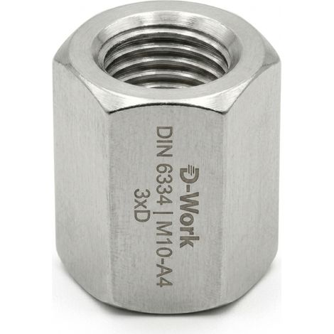 100 Ecrous Hexagonaux M égal 3xD M6 mm - DIN 6334 - Inox A2 - D-Work