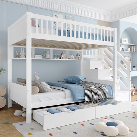 Lit superposé enfant 90x200 cm - Avec 2 tiroirs - Avec étagères + penderie - Compartiments de rangement - Blanc (sans matelas)