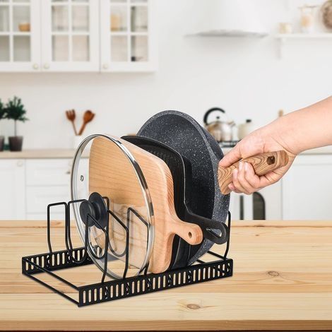 Ausziehbarer Topfdeckelhalter, robustes Metall-Abtropfgestell für Töpfe, Pfannen und Deckel mit 7 verstellbaren Fächern, ideal für Küchenutensilien, Pfannen und Deckel (1/4)