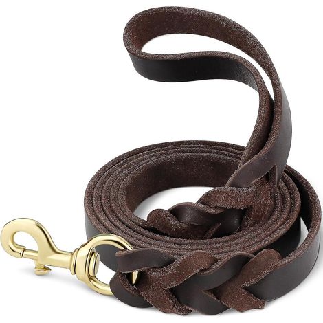 Laisse en cuir pour chien, tricotée à la main, en cuir véritable résistant, pour chiens de toutes tailles, avec mousqueton en laiton, marron, 1,2 m x 2 cm. (1/5)