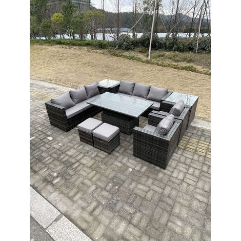 Fimous 9 Seater Outdoor Rattan Garden Furniture Set Adjustable Rising Lifting Dining Table With Side Table Chairs Stools Dark Grey Mixed (1/5)