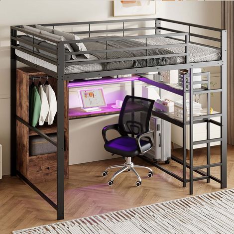Lit mezzanine 140x200 cm noir en métal avec bureau, LED, escalier, rangements et étagères, lit mezzanine enfant sans matelas (1/5)