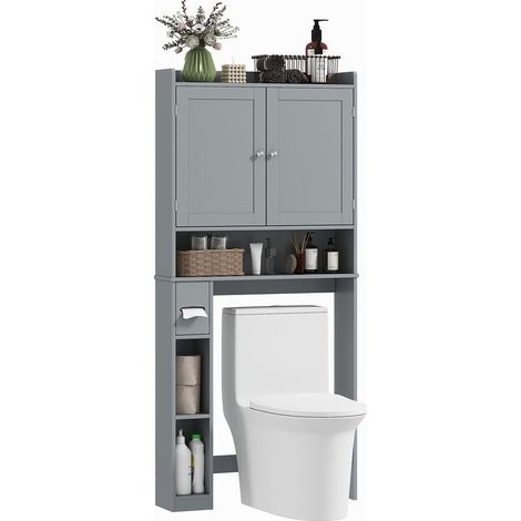 Meuble wc dessus de toilette ou machine à laver 2 portes 3 compartiments porte papier 80x19 5x170cm gris (1/5)