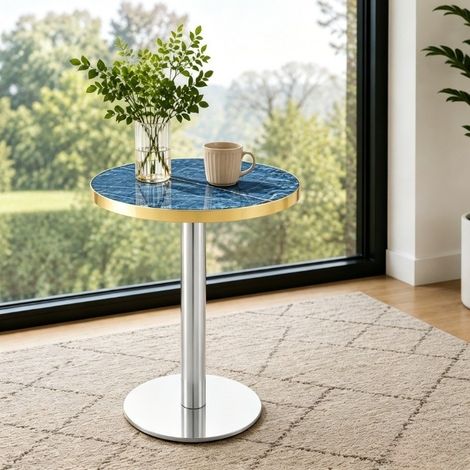 Tavolino da salotto rotondo 60 cm in MDF effetto marmo blu con bordo oro HAVRYA (1/5)