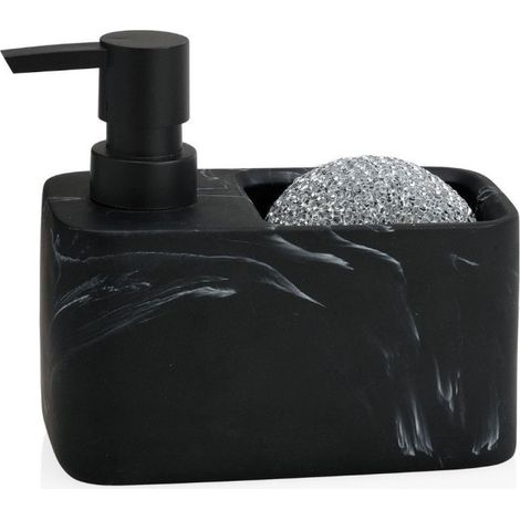Distributeur Liquide Vaisselle + Porte Éponge Polyrésine Effet Marbre Noir (1/2)