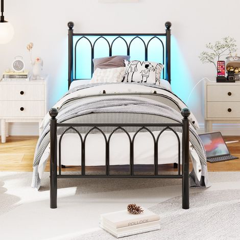 Lit à plateforme métal-tête/pied vintage-charge USB-LED intégrée-lattes acier renforcé-rangement sous lit-90x208x102cm-Sans Matelas (1/5)