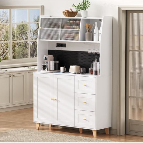 Buffet haut MDF blanc 120 x 40 x 184 cm, 3 tiroirs, étagères réglables, porte-verres, panneau perforé et prises (1/5)