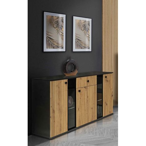 Buffet FURNIX SARAI tiroir Buffet LED 3 portes portes en verre 140 cm Matera Artisan (1/5)