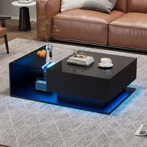 Table basse 100x50x32 cm noire – plateau verre, LED, 1 tiroir et rangement (1/5)