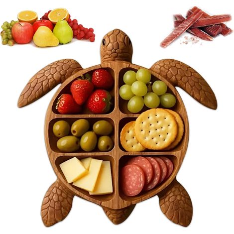 Plato para aperitivos con forma de tortuga, cuenco de madera para aperitivos con compartimentos, plato con compartimentos (1/5)
