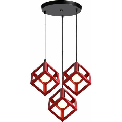 3 Lumières Lustre Suspension Vintage Style Geometrique Lampe de Suspension Luminaire en Forme de Cube Métal Plafonnier pour Chambre à Coucher, Salon, Salle à Manger, Cuisine - 16 CM, Rouge BLOW (1/4)