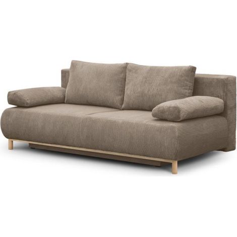 Canapé convertible - 3 places - MIKA - Velours côtelé taupe - Avec coffre de rangement - 192 x 93 x 84 cm (1/5)