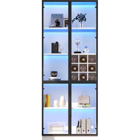 ELVMI Vitrina 2 Puertas de Cristal con 5 Niveles, Botellero y LED, para Salón o Cocina, Blanca, 80 x 35 x 200 cm (1/5)