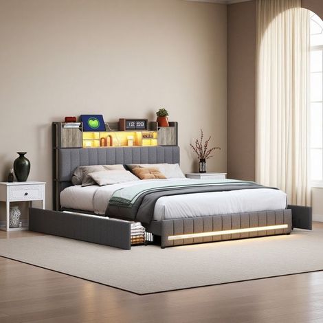 Doppelbett - 140x200 gepolstert - 4 Schubladen - integrierte LED - Lattenrost (1/5)