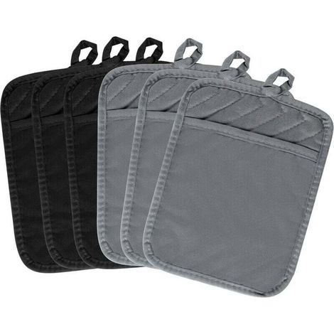 Lot de 6 maniques de cuisine avec poche, noir et gris, en coton éponge résistant à la chaleur, maniques, dessous de plat, maniques, dessous de plat pour cuisine, 18 x 24 cm (1/4)
