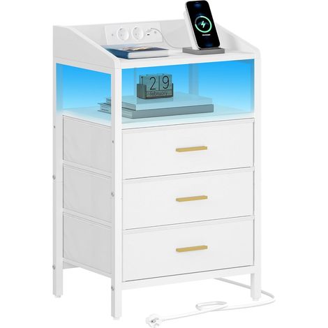 Tables de Nuit avec Lumières LED et Station Chargement,3 Tiroirs (1/5)