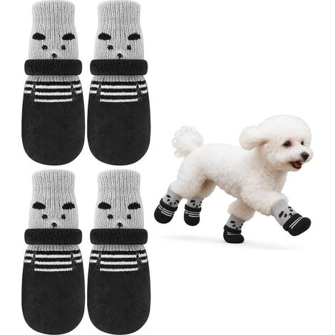 Hundesocken, verstellbare und wasserdichte Klettverschluss-Hausschuhe mit rutschfestem Pfotenschutz, für kleine und mittelgroße Hunde, für drinnen und draußen, Schwarz M (4 Stück) (1/5)