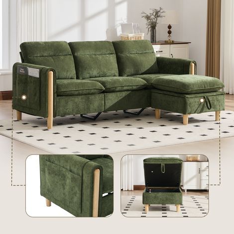 Ensemble canapé 3 places nordique pouf rangement, angle tissu poches latérales pieds bois, salons petits espaces, chenille verte