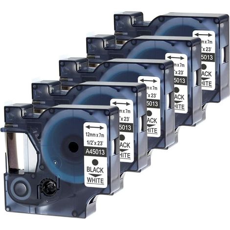 Ruban pour étiqueteuse Compatible pour D1 45013 12mm x 7m Noir sur Blanc pour D1 Standard Cartouche S0720530 pour LabelManager 160 210D 250 260P 280, Pack de 5 (1/4)